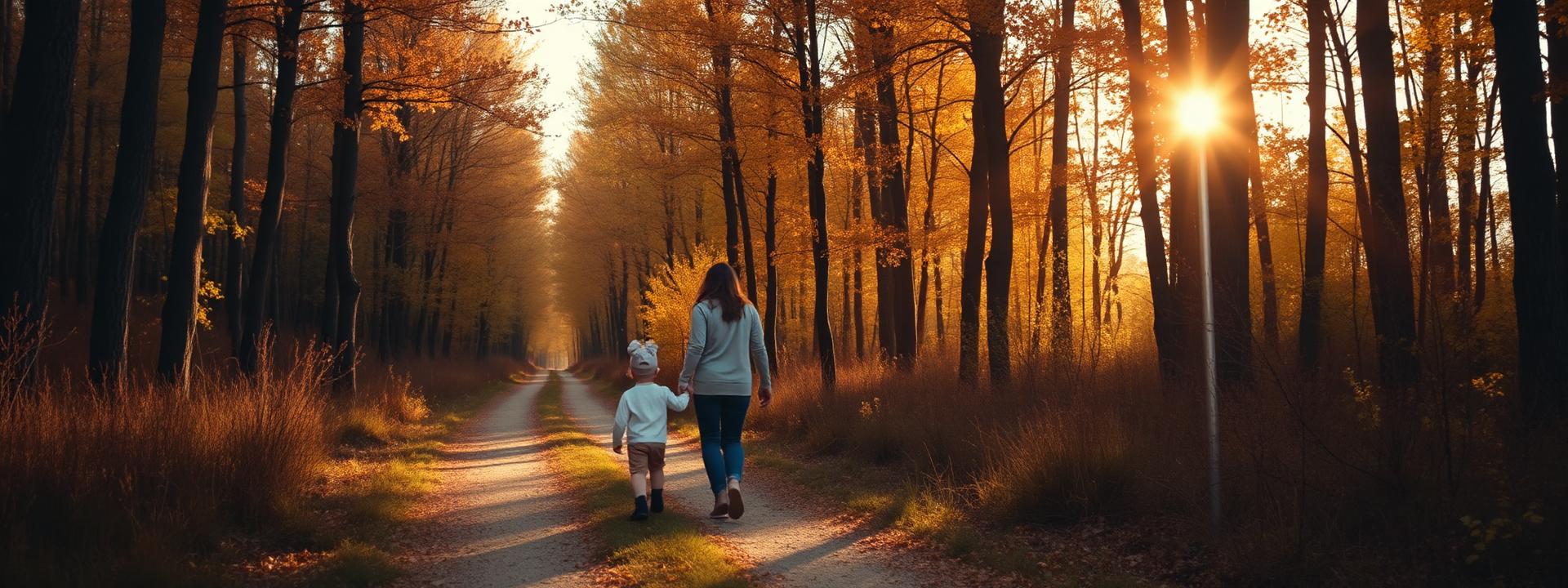 A parent and child walking hand in hand along a sunlit woodland trail