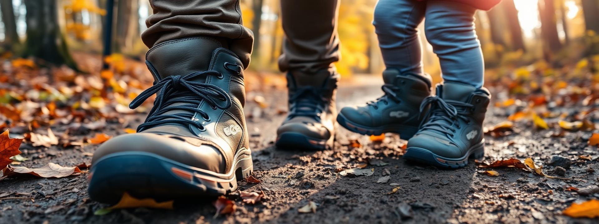 An adult's and a child's walking boots on a woodland trail